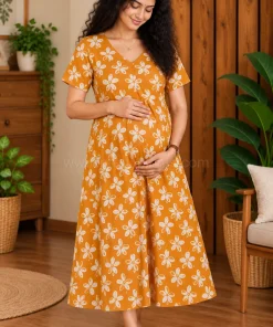 Maternity Feeding A-line Kurthy - Orange with White Flower - MFK