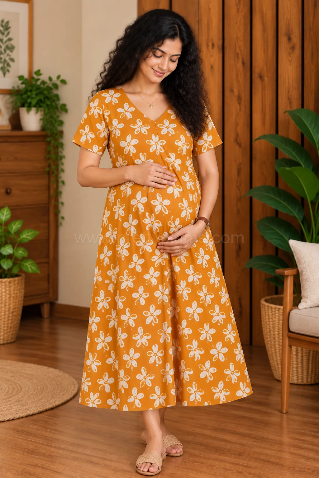 Maternity Feeding A-line Kurthy - Orange with White Flower - MFK