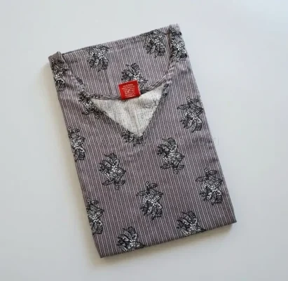 Maternity Feeding A-line Kurthy - Grey Strip with Big Floral - MFK - Image 2