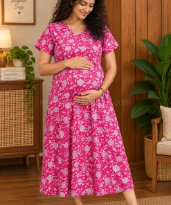 Maternity Feeding A-line Kurthy - Dark Pink with White Floral - MFK