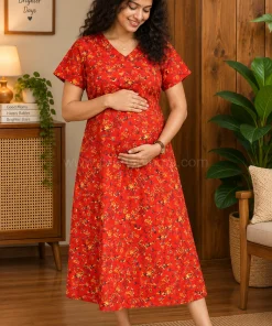 Maternity Feeding A-line Kurthy - Red with Thick Print - MFK