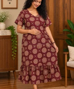 Maternity/ Feeding dress - PPMFK - Color with Cream Round Floral - Maroon