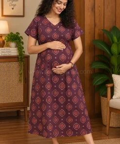Maternity Feeding A-line Kurthy - Coffee Brown with Cream Print - MFK
