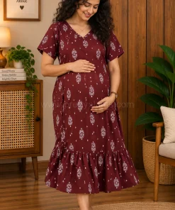 Maternity/ Feeding dress - PPMFK - Color with Mango Print - Dark Maroon