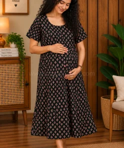 Daily Wear Maternity/ Feeding Dress - DMFK - Black and Cream - Mango Print