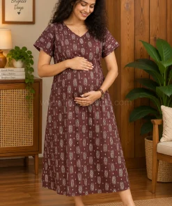 Maternity Feeding A-line Kurthy - Coffee Brown with White Ikath Print - MFK