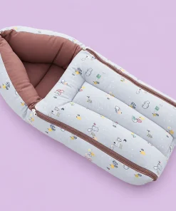 Premium Soft Cotton Kangaroo Wrapper(65x35cm) - Light Blue House, Animal and Snow with Dark Pinkish Grey - KW1