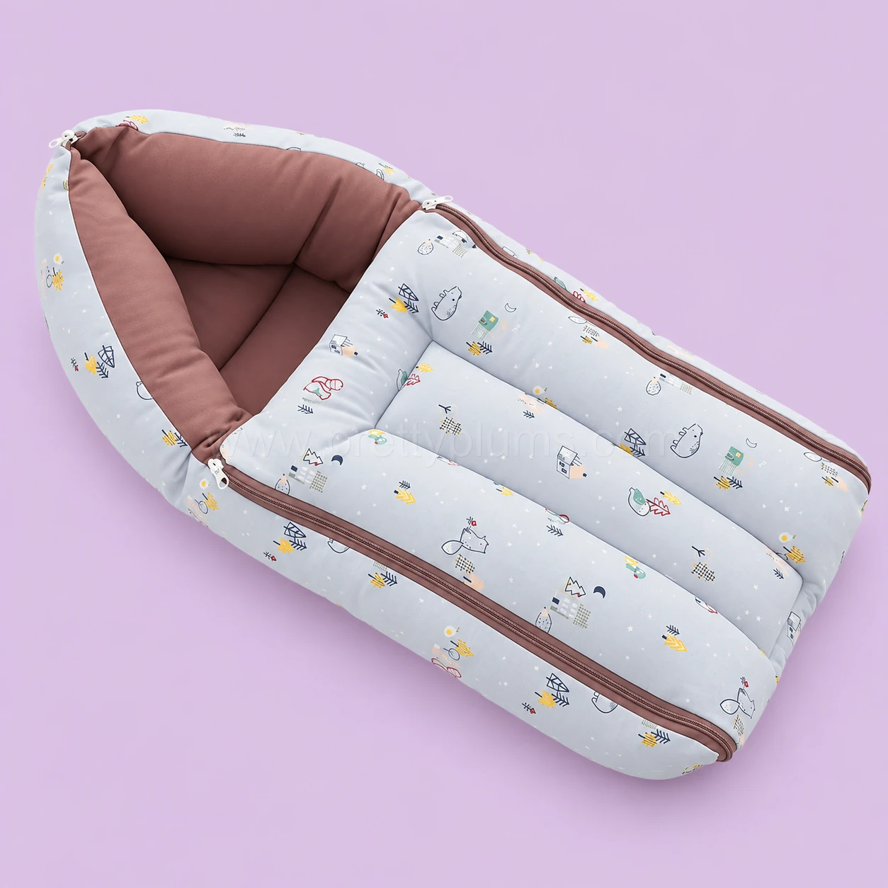Premium Soft Cotton Kangaroo Wrapper(65x35cm) - Light Blue House, Animal and Snow with Dark Pinkish Grey - KW1