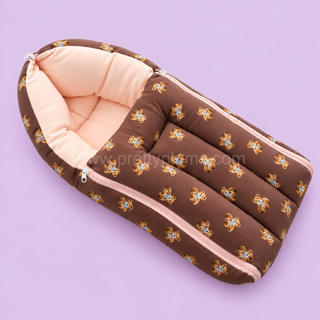 Premium Soft Cotton Kangaroo Wrapper(65x35cm) - Coffee Brown with Teddy and Light Pink - KW1