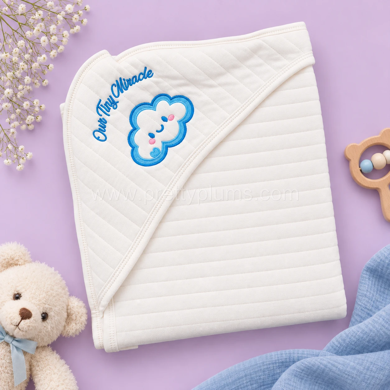 Premium Quilted Baby Hooded Towel (70x70cm) - Blue - BT1