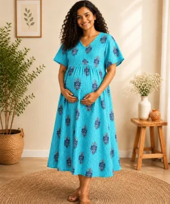 Maternity Front-Open Aliya Cut Kurthi - Blue - MFN