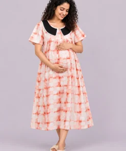 Maternity Feeding Front Open(Full) Frock(3/4th) - Brown and White Check - MFN
