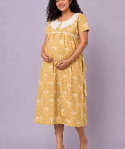 Maternity Feeding Dress(3/4th) - Golden Yellow Strip - MFN