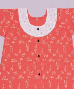 Alternative view of Maternity Feeding Front Open(Full) Frock(3/4th) - Coral Pink with Print - MFN