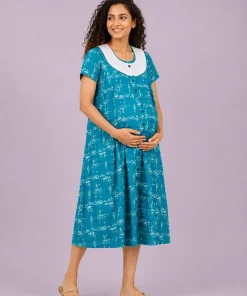 Maternity Feeding Front Open(Full) Frock(3/4th) - Ocean Teal with Print - MFN