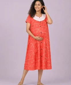 Maternity Feeding Front Open(Full) Frock(3/4th) - Coral Pink with Print - MFN