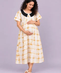 Maternity Feeding Front Open(Full) Frock(3/4th) - Yellow and White Check - MFN