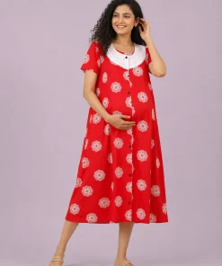 Maternity Feeding Front Open(Full) Frock(3/4th) - Magenta with Print - MFN