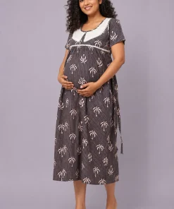 Maternity Feeding Dress(3/4th) - Dark Indigo Strip - MFN
