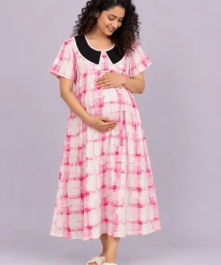 Maternity Feeding Front Open(Full) Frock(3/4th) - Pink and White Check - MFN