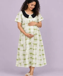 Maternity Feeding Front Open(Full) Frock(3/4th) - Green and White Check - MFN