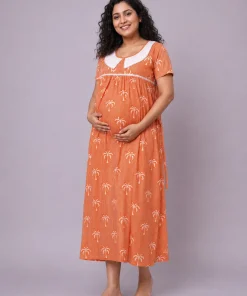 Maternity Feeding Dress(3/4th) - Orange Strip - MFN