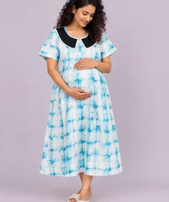 Maternity Feeding Front Open(Full) Frock(3/4th) - Blue and White Check - MFN