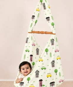 Alternative view of Baby Cotton Hooded Cradle Cloth - White with Yellow Car and House - CC1